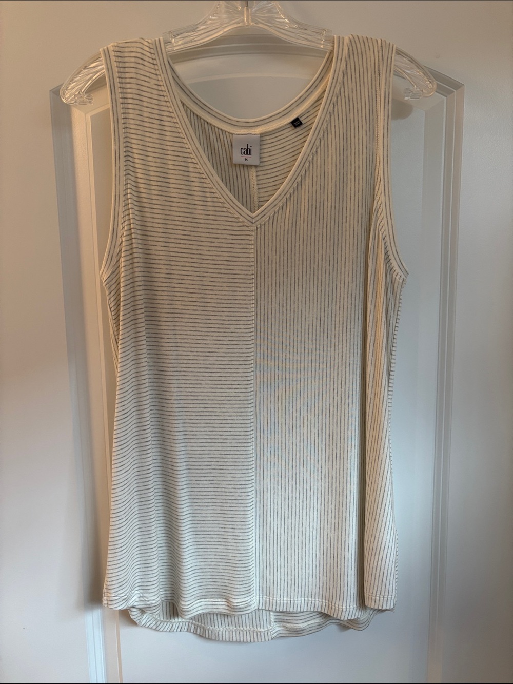 CAbi Cream & Gray Striped V-Neck Tank